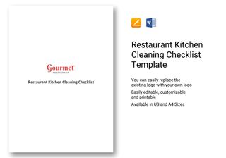 Restaurant Kitchen Cleaning Checklist Template in MS Word, Pages