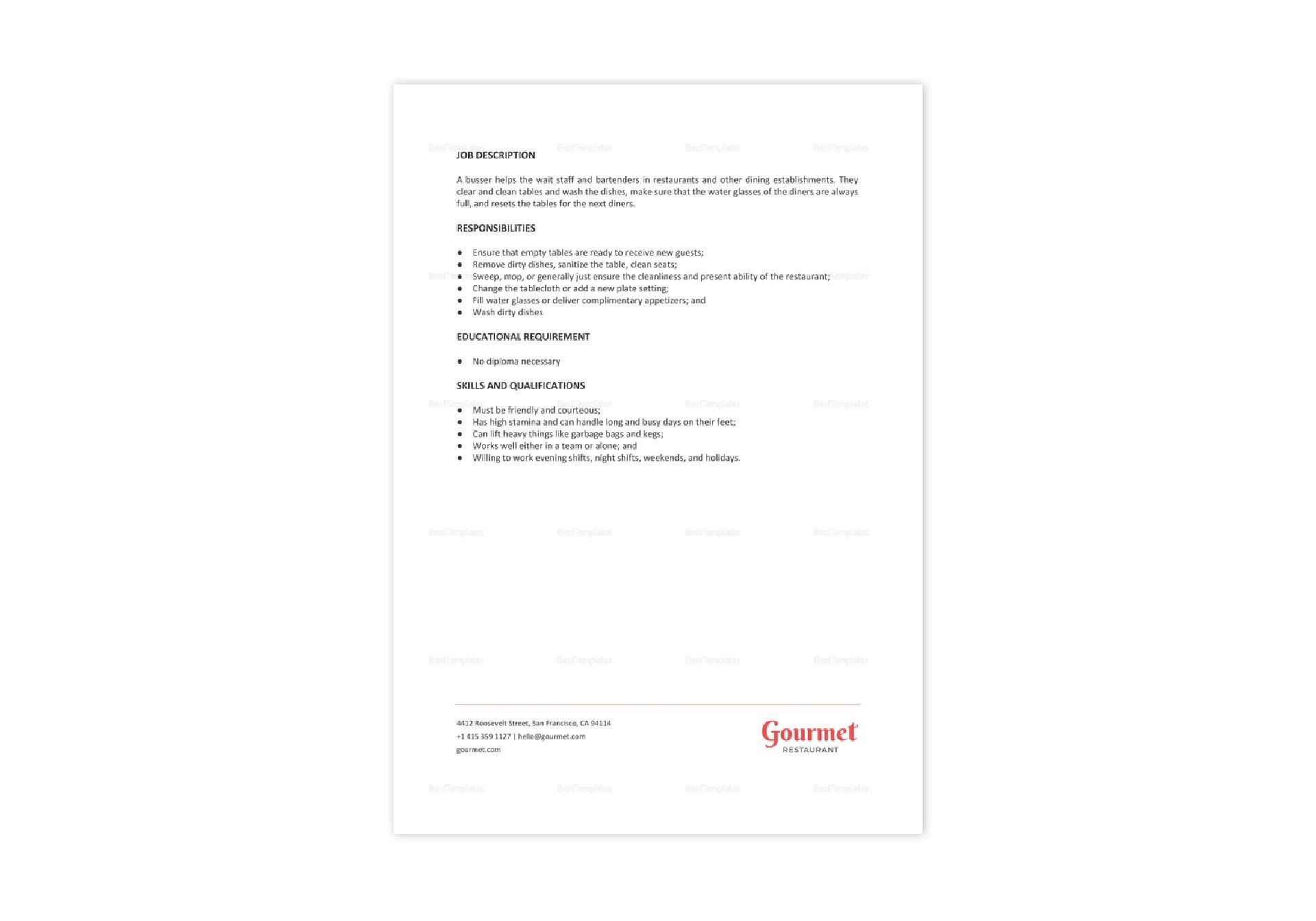 Restaurant Busser Job Description Template in Word, Apple Pages