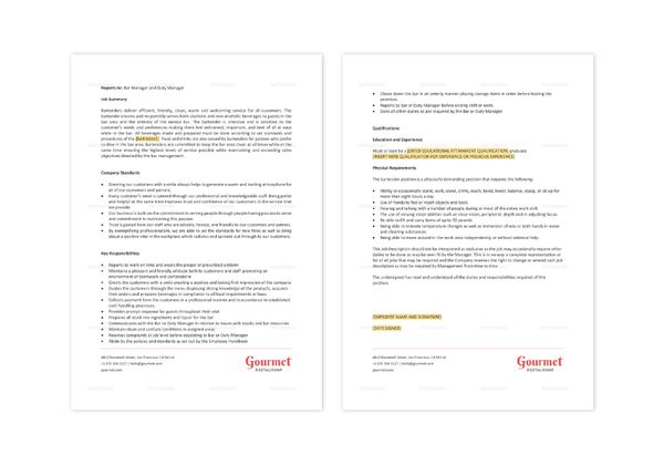 Restaurant Bartender Job Description Template in Word, Apple Pages