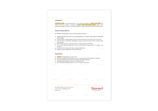 Restaurant Sous Chef Job Description Template in Word, Apple Pages