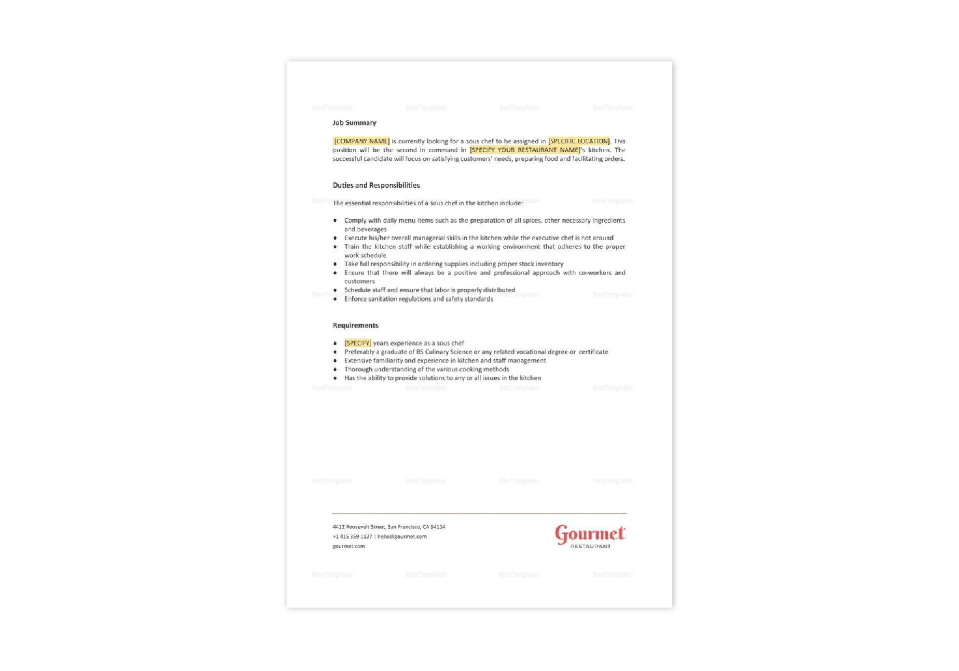 Restaurant Sous Chef Job Description Template in Word, Apple Pages