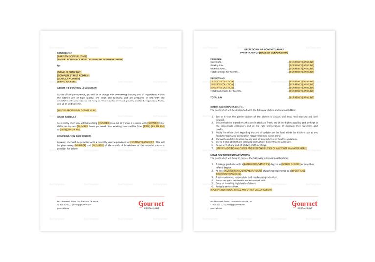 Restaurant Pantry Chef Job Description Template in Word, Apple Pages