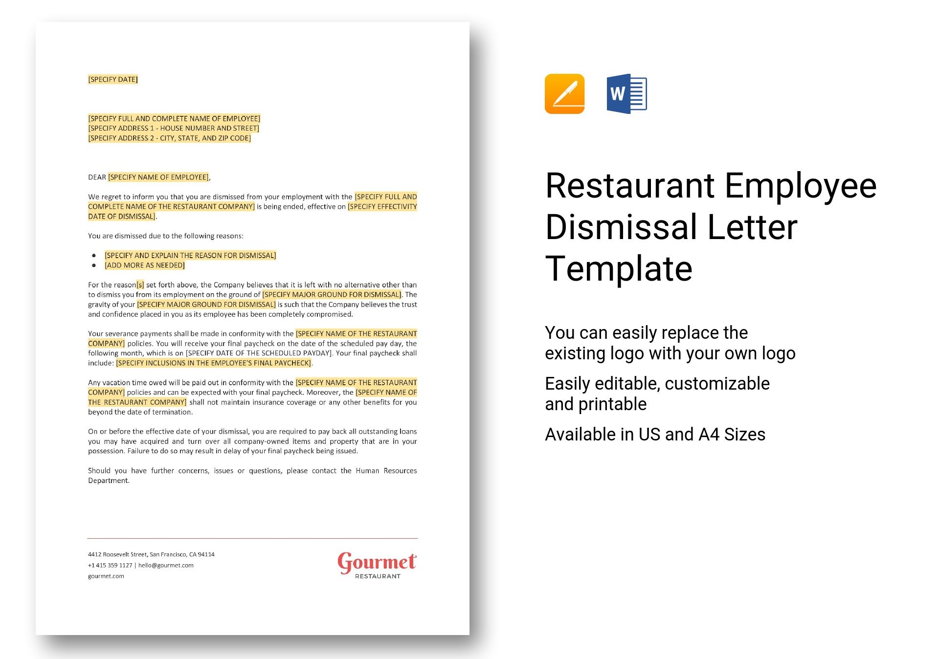 Restaurant Employee Dismissal Letter Template In Word Apple Pages