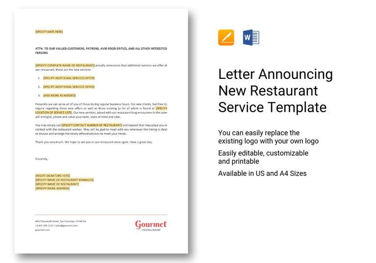 Letter Announcing New Restaurant Service Template in Word, Apple Pages