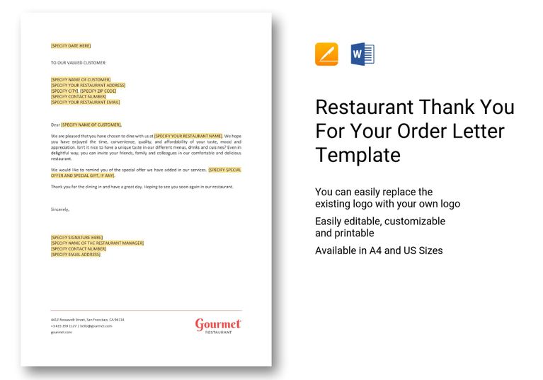 Restaurant Thank You For Your Order Letter Template in Word, Pages