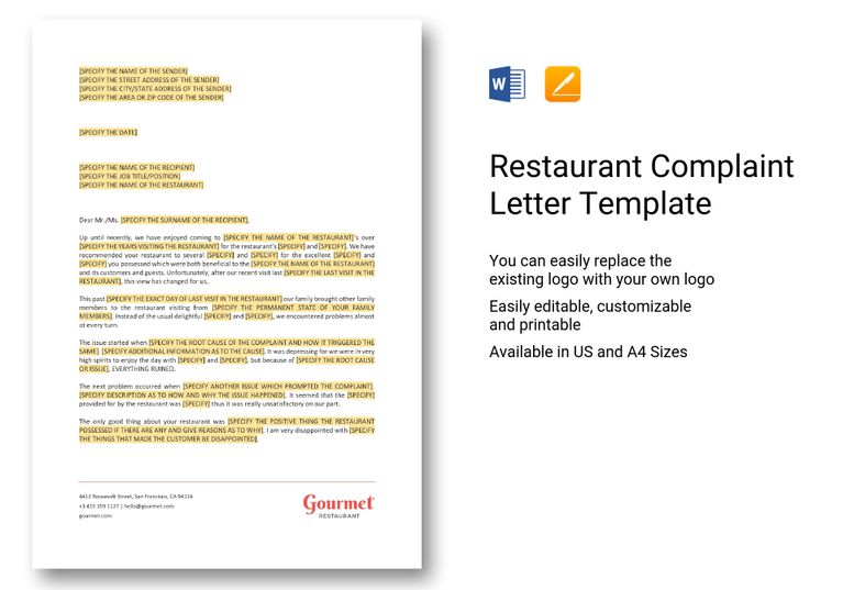 Restaurant Complaint Letter Template in Word, Apple Pages