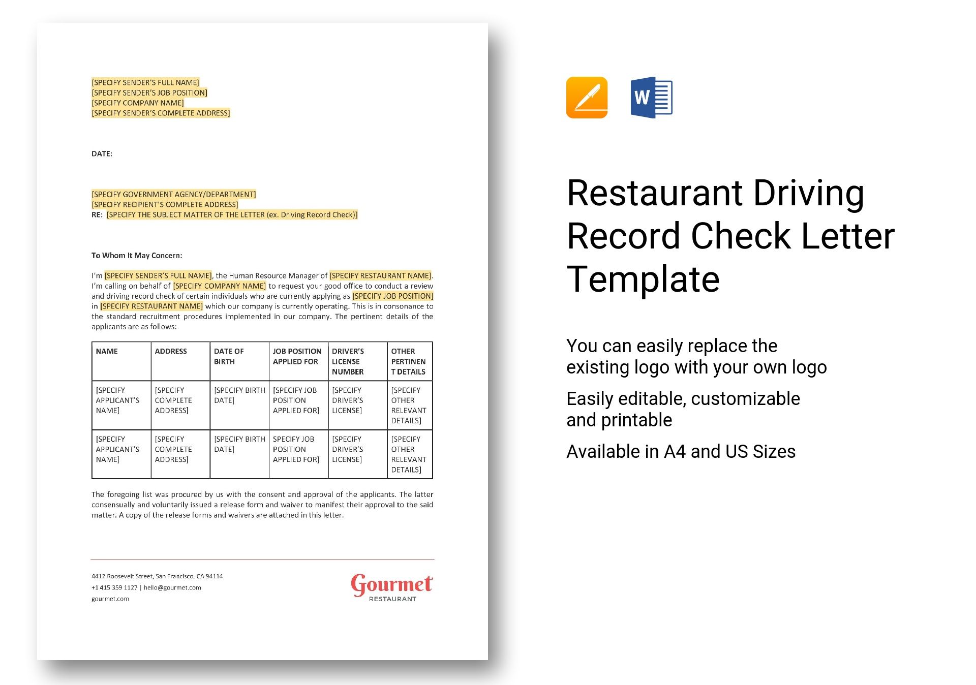 Restaurant Driving Record Check Letter Template In Word Apple Pages
