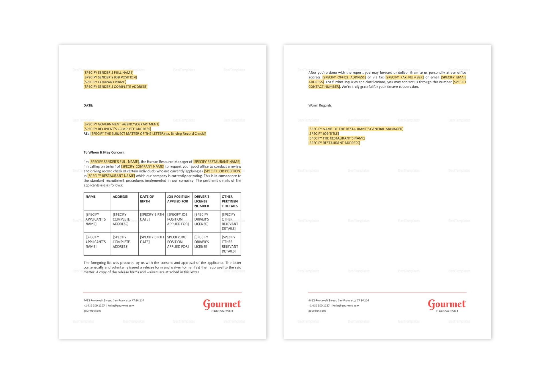 Restaurant Driving Record Check Letter Template in Word, Apple Pages