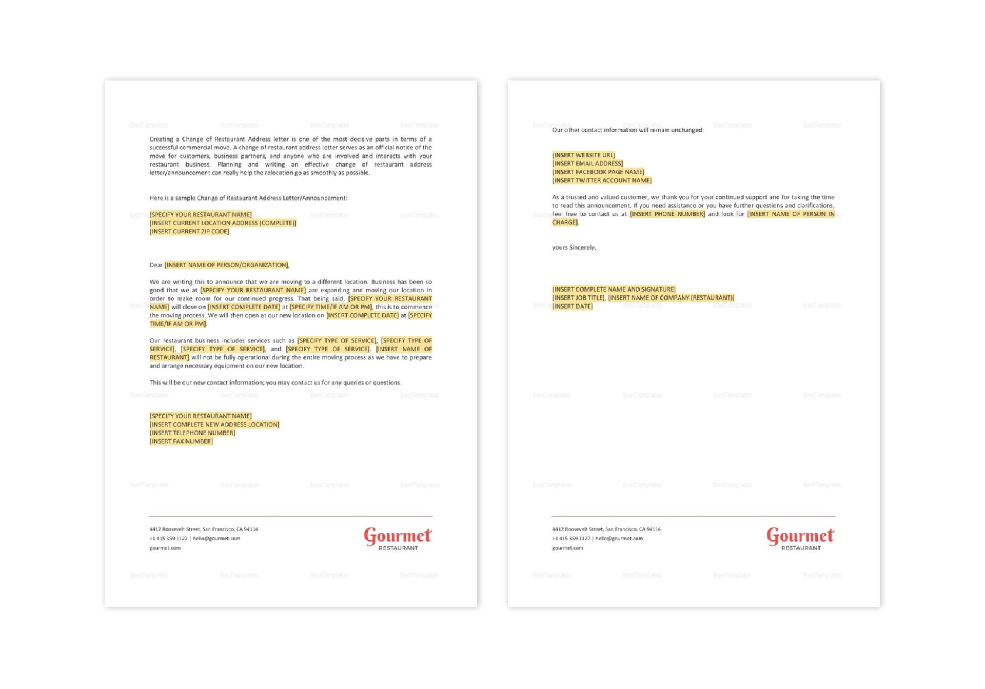 Announcement of Change of Restaurant Address Template in Word, Apple Pages