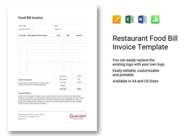 Restaurant Food Bill Invoice Template in Word, Excel, Apple Pages, Numbers