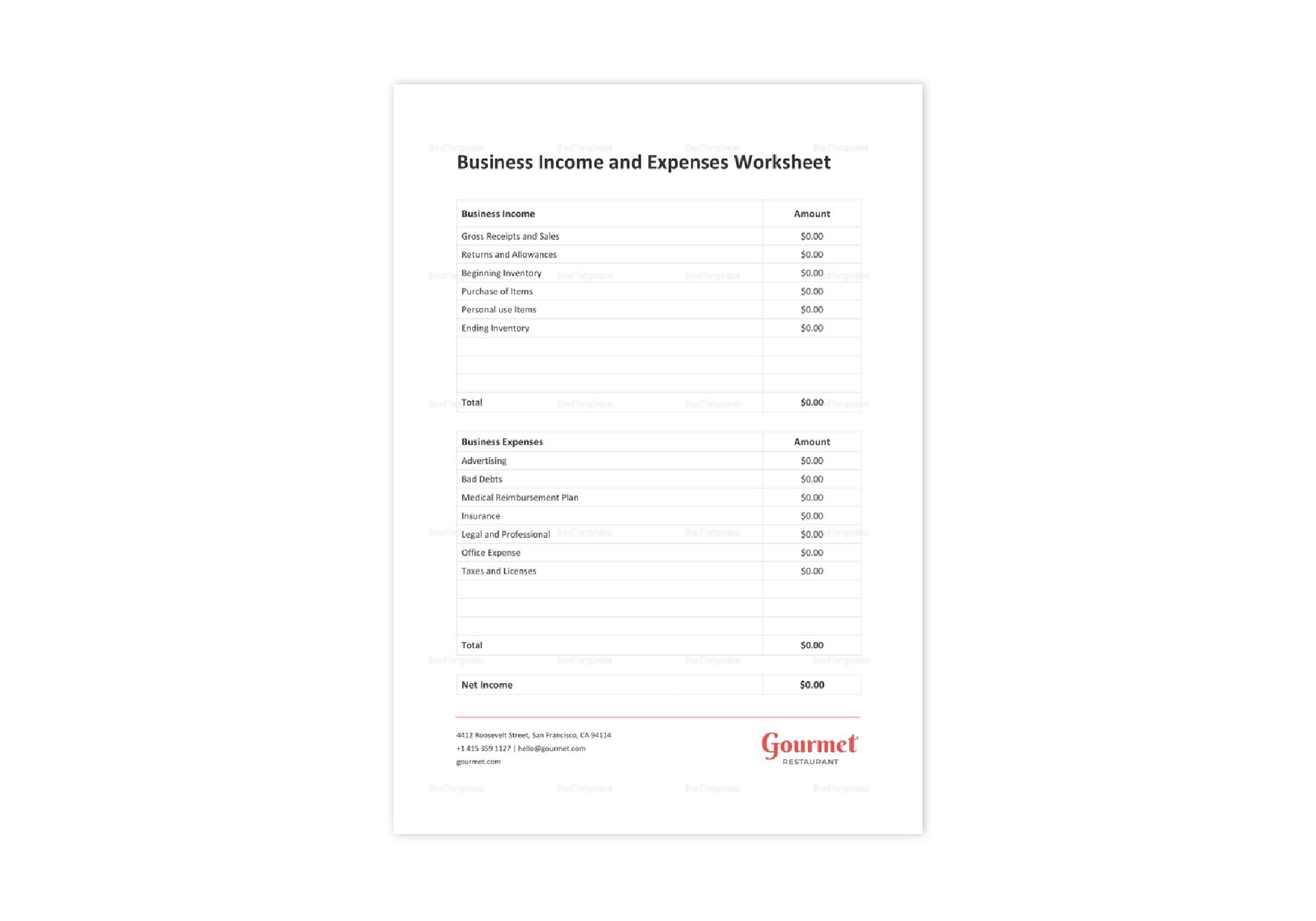 Restaurant Business Income Worksheet Template in Word, Excel, Apple Pages,  Numbers