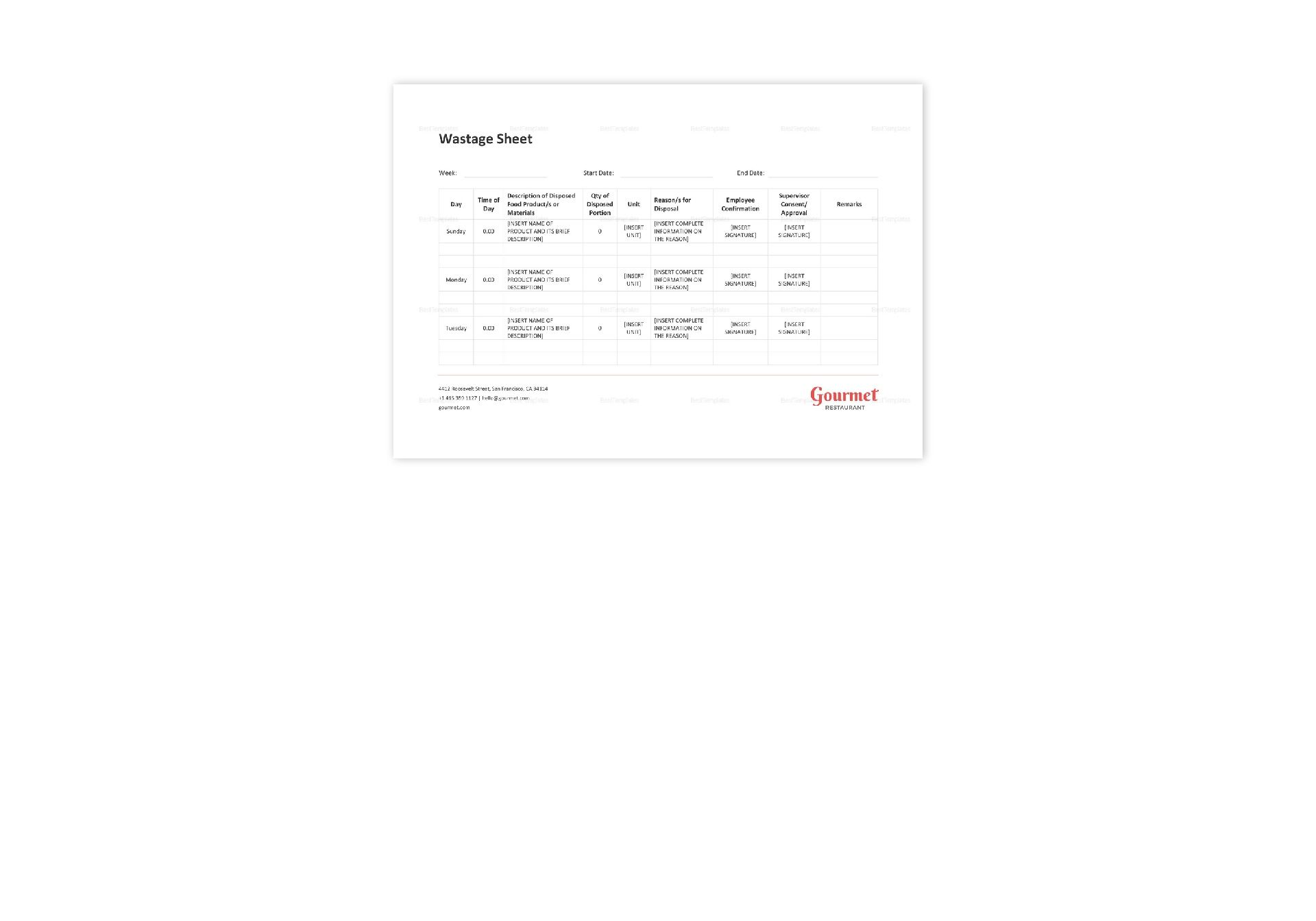 Restaurant Wastage Sheet