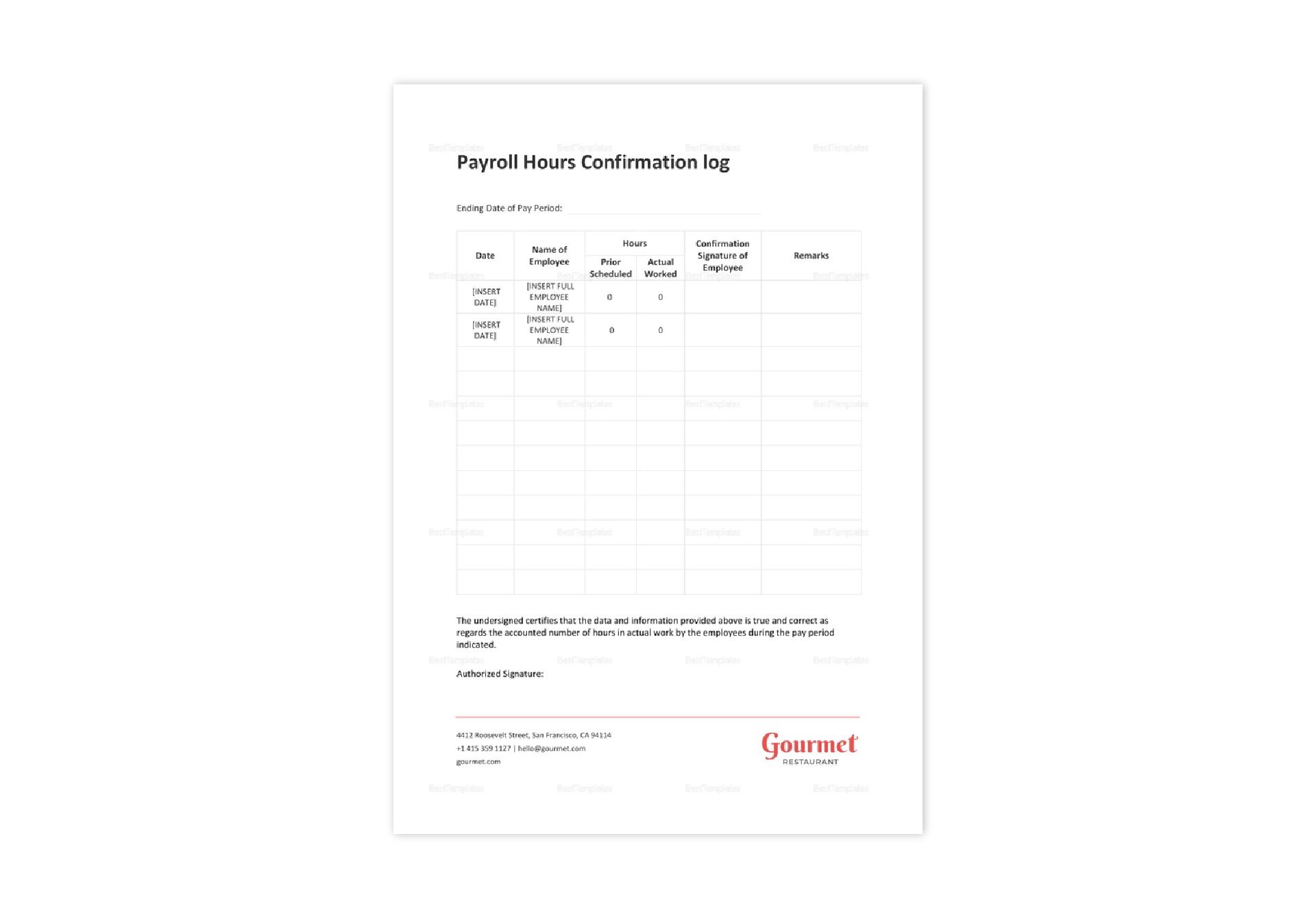 Restaurant Payroll Hours Confirmation Log