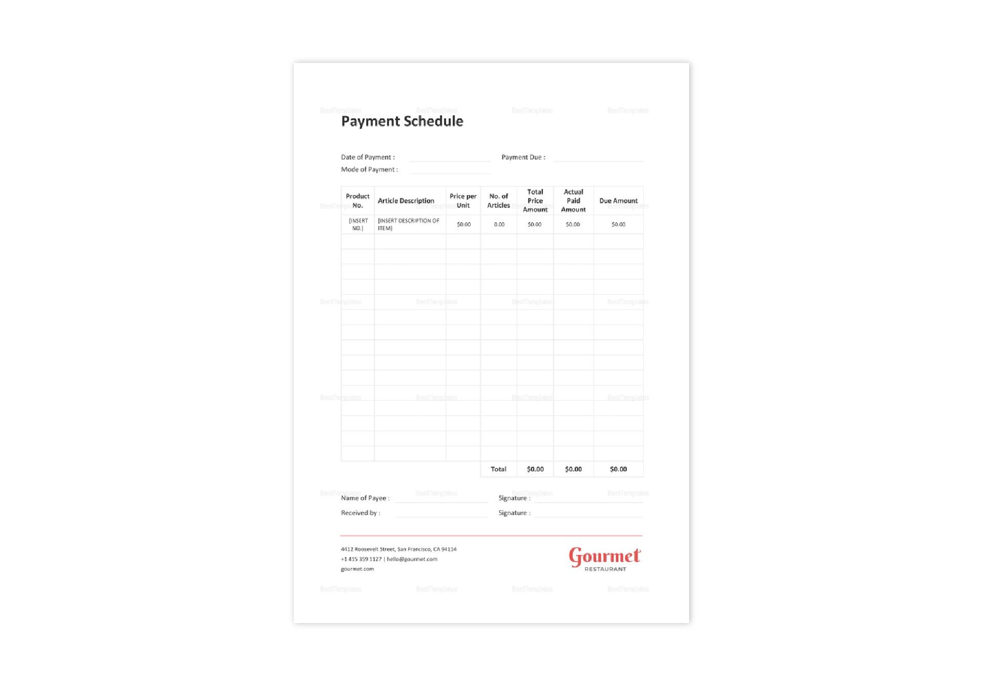 Restaurant Payment Schedule