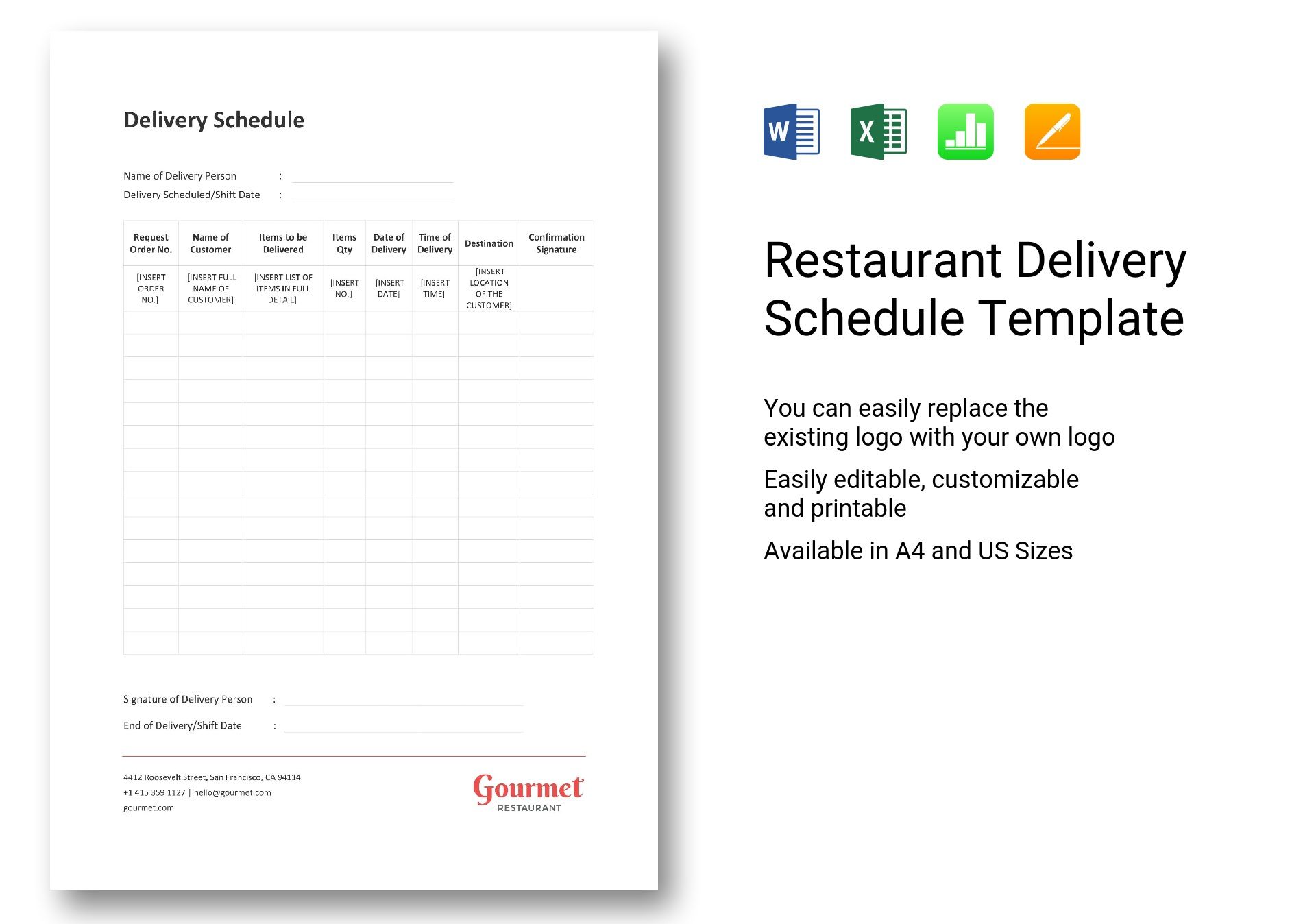 Restaurant Delivery Schedule Template In Word Excel Apple Pages Numbers