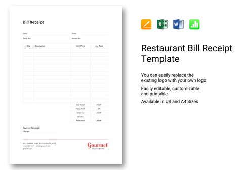 Simple Restaurant Bill Receipt Template in Word, Excel, Apple Pages ...