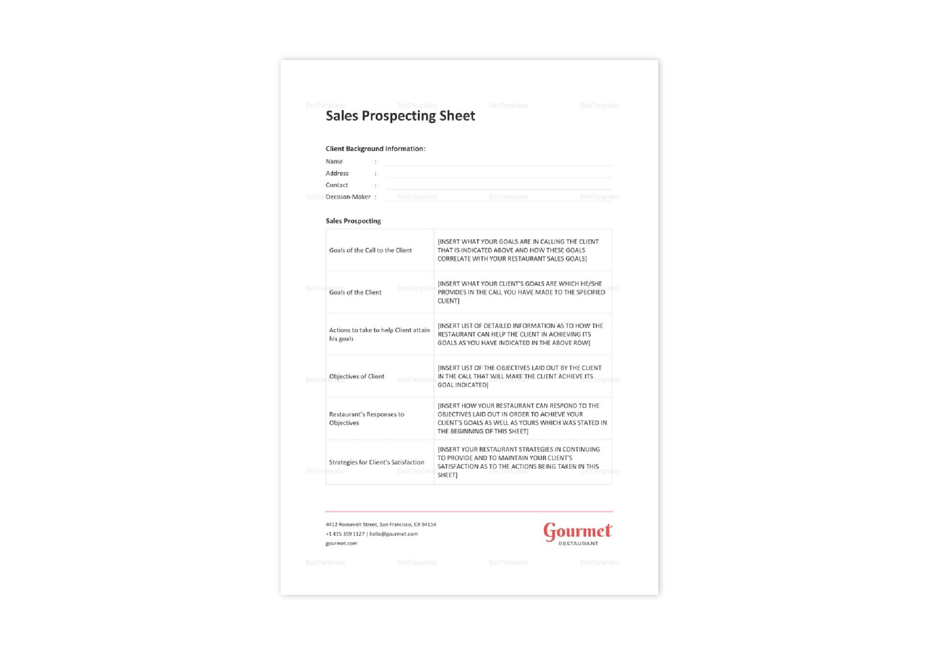 Restaurant Sales Prospecting Sheet Template in Word, Excel, Apple Pages ...