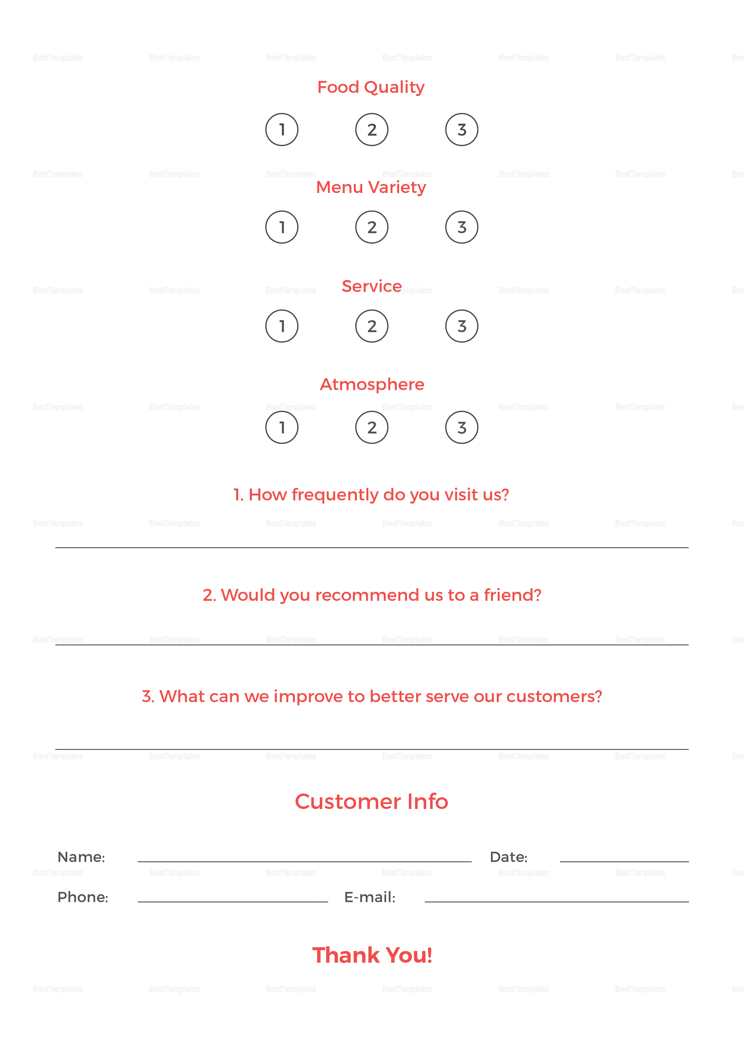 Restaurant Customer Comment Card Template