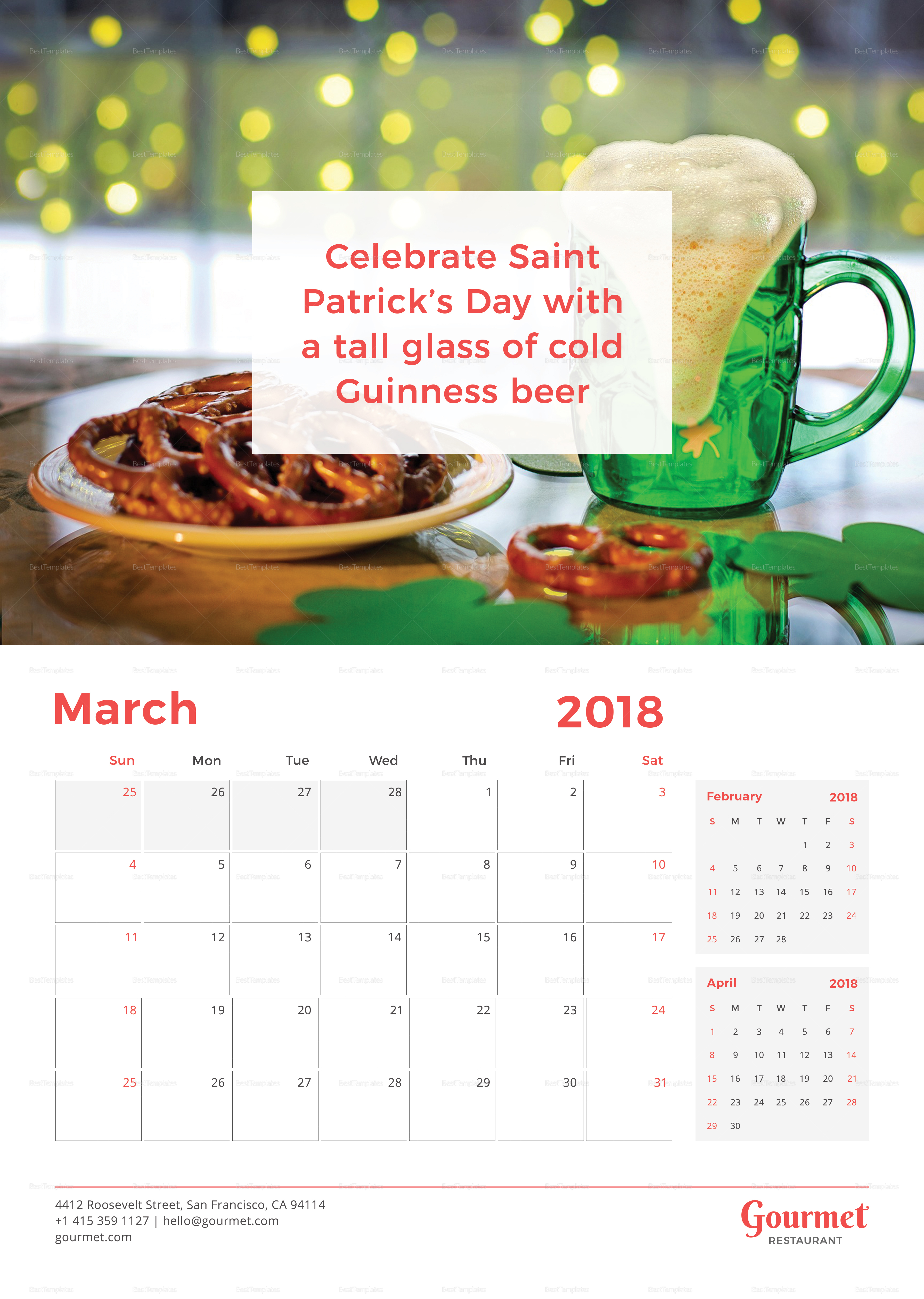 Restaurant Wall Calendar Template in PSD, Illustrator, InDesign, Apple