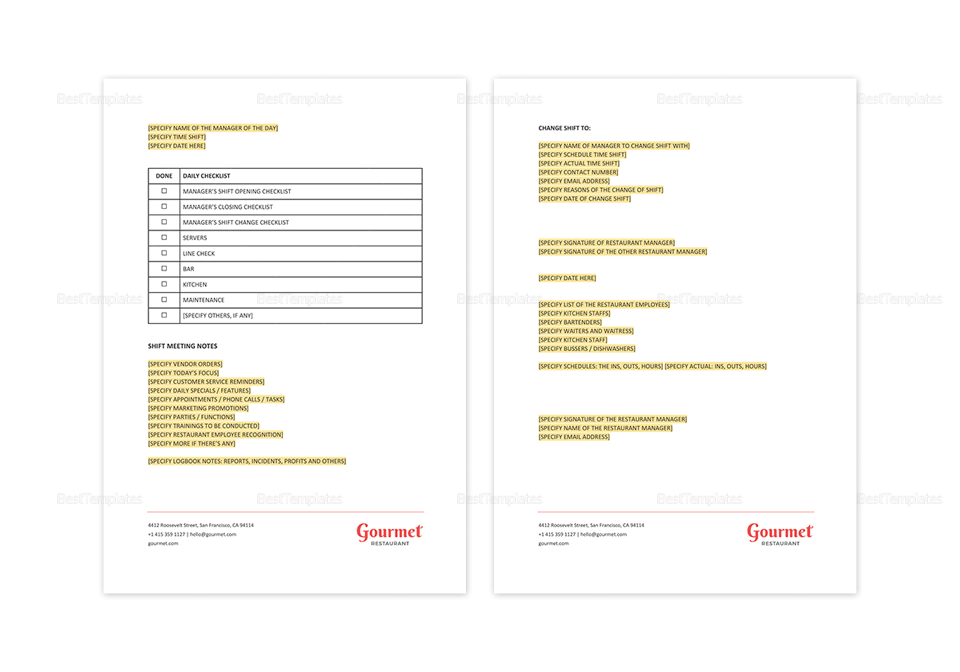 Restaurant Manager's Shift Card Template in Word, Apple Pages