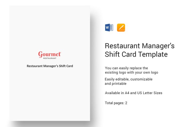 Restaurant Manager's Shift Card Template in Word, Apple Pages