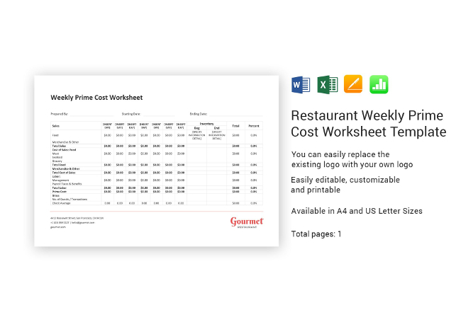 Weekly Prime Cost Worksheet