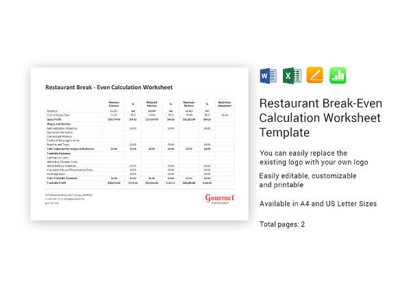 Restaurant Break-Even Calculation Worksheet Template