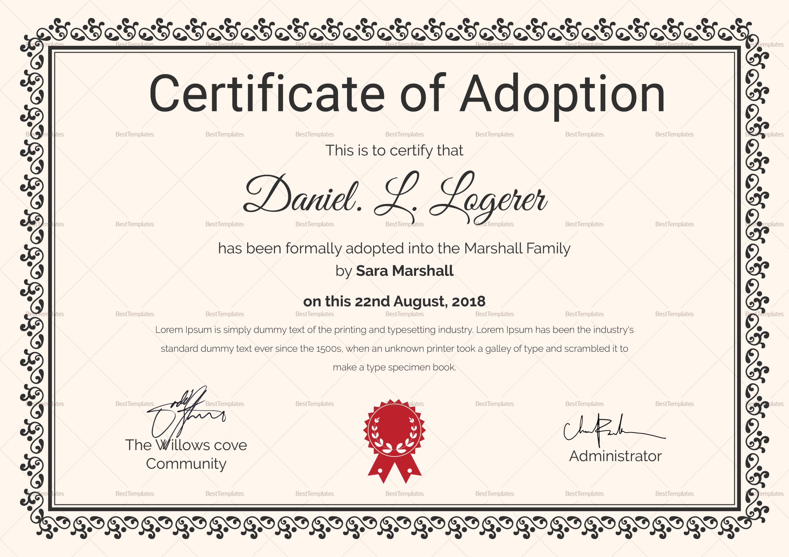 Happy Adoption Certificate Design Template In PSD Word