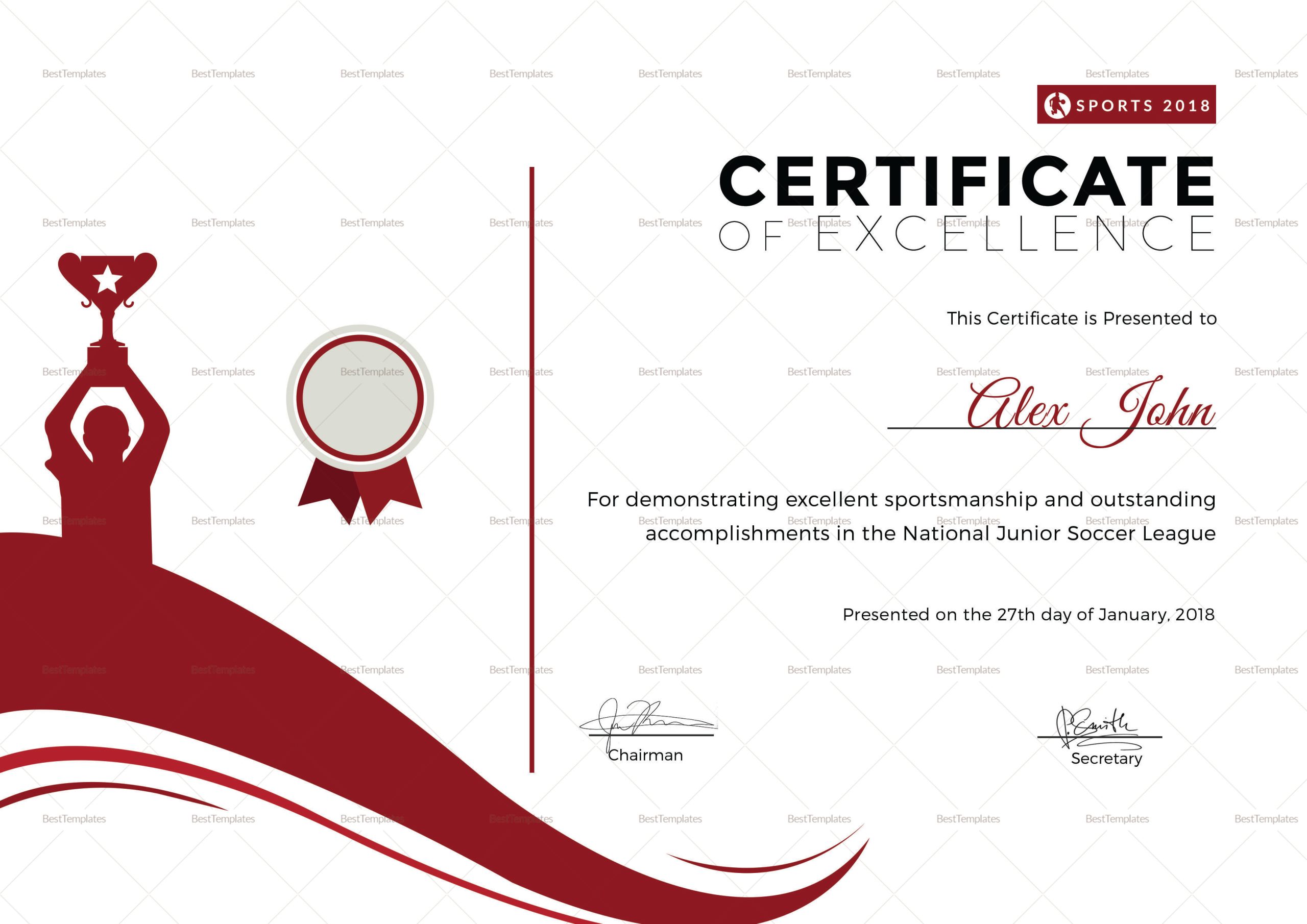 Sportsmanship Excellence Certificate Design Template in PSD, Word