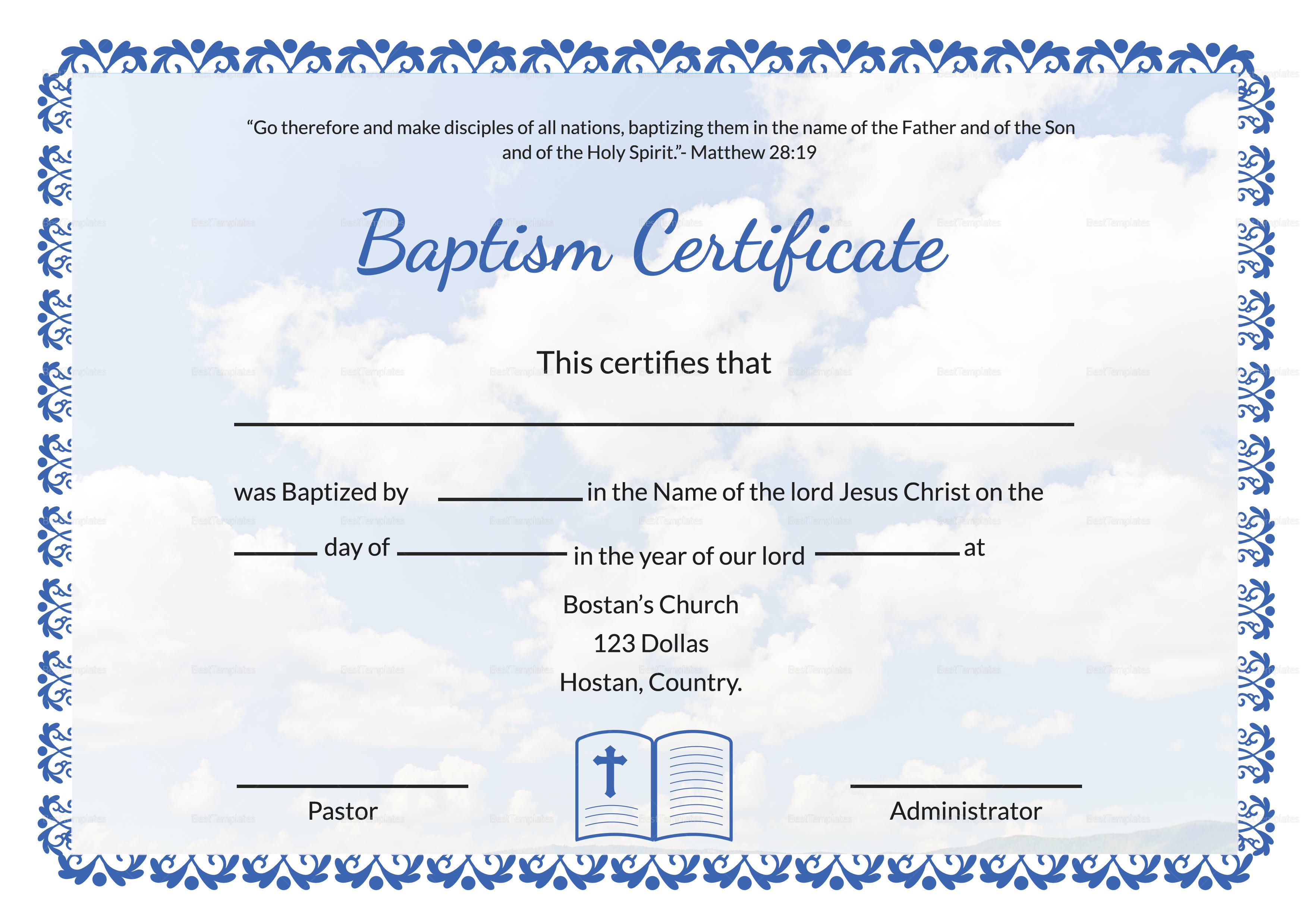 Editable Baptism Certificate Template, image size:3508x2480