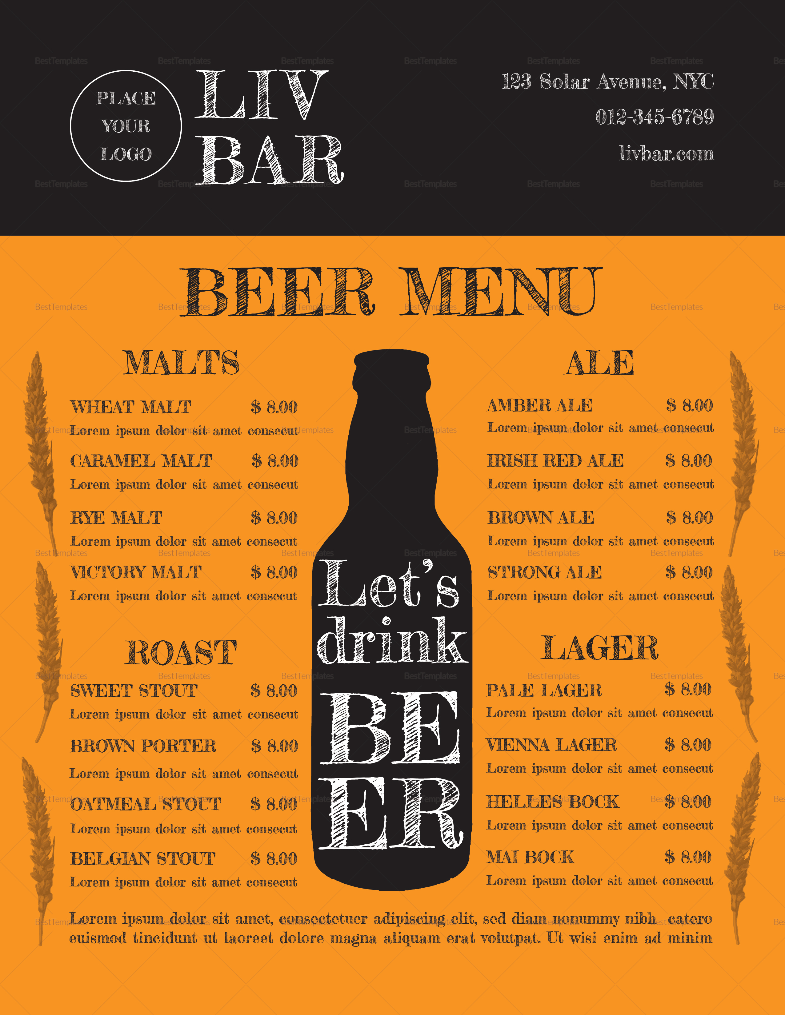 Sample Beer Menu Design Template, image size:2551x3300