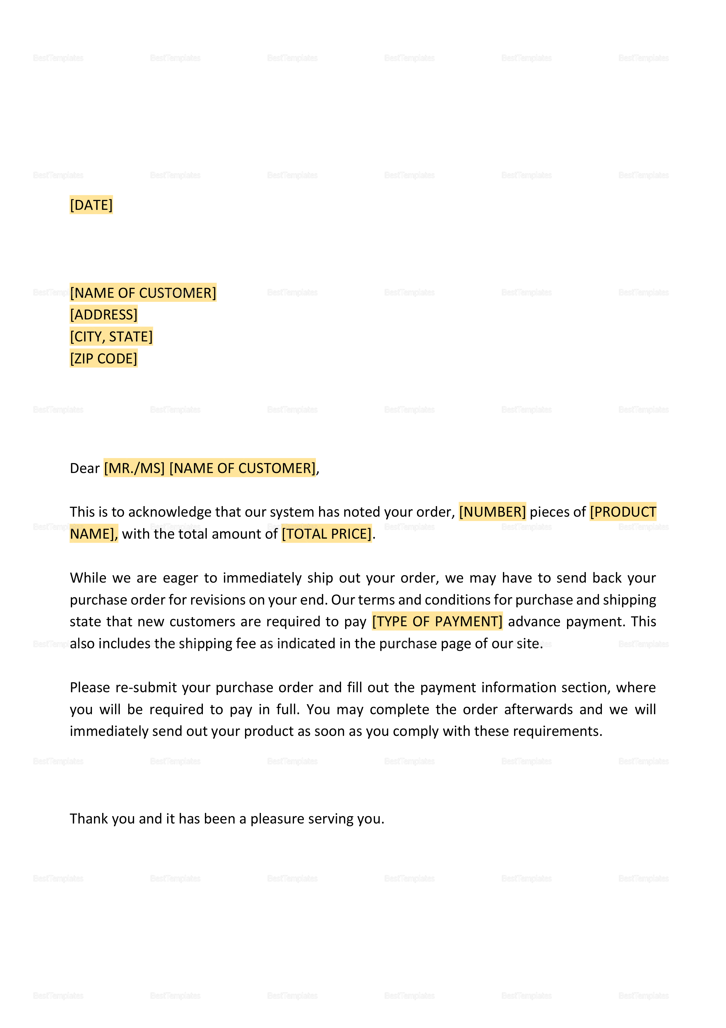 Return of Purchase Order and Demand for Advance Payment Template 