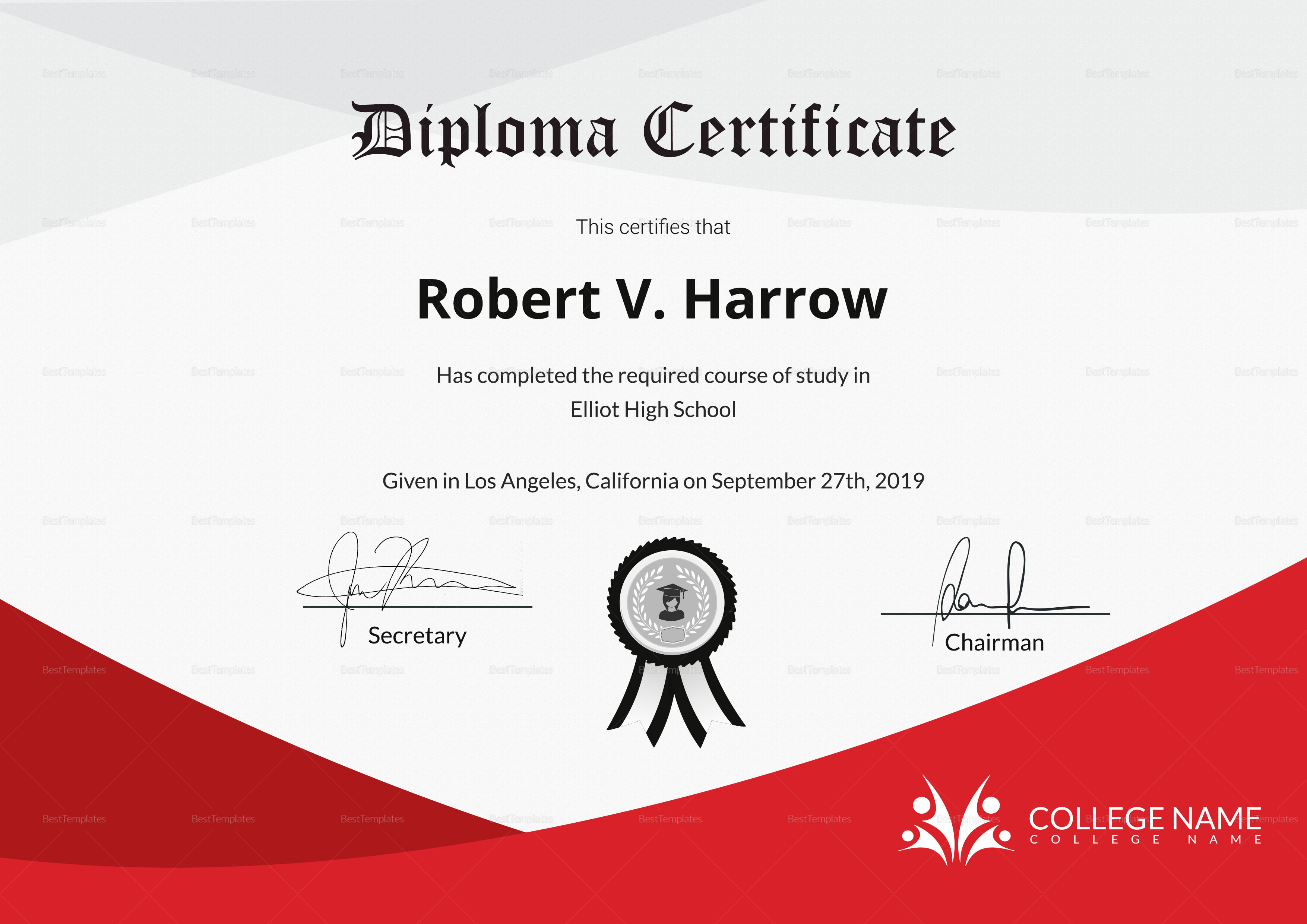 Diploma Certificate of Completion Template, image size:3508x2480