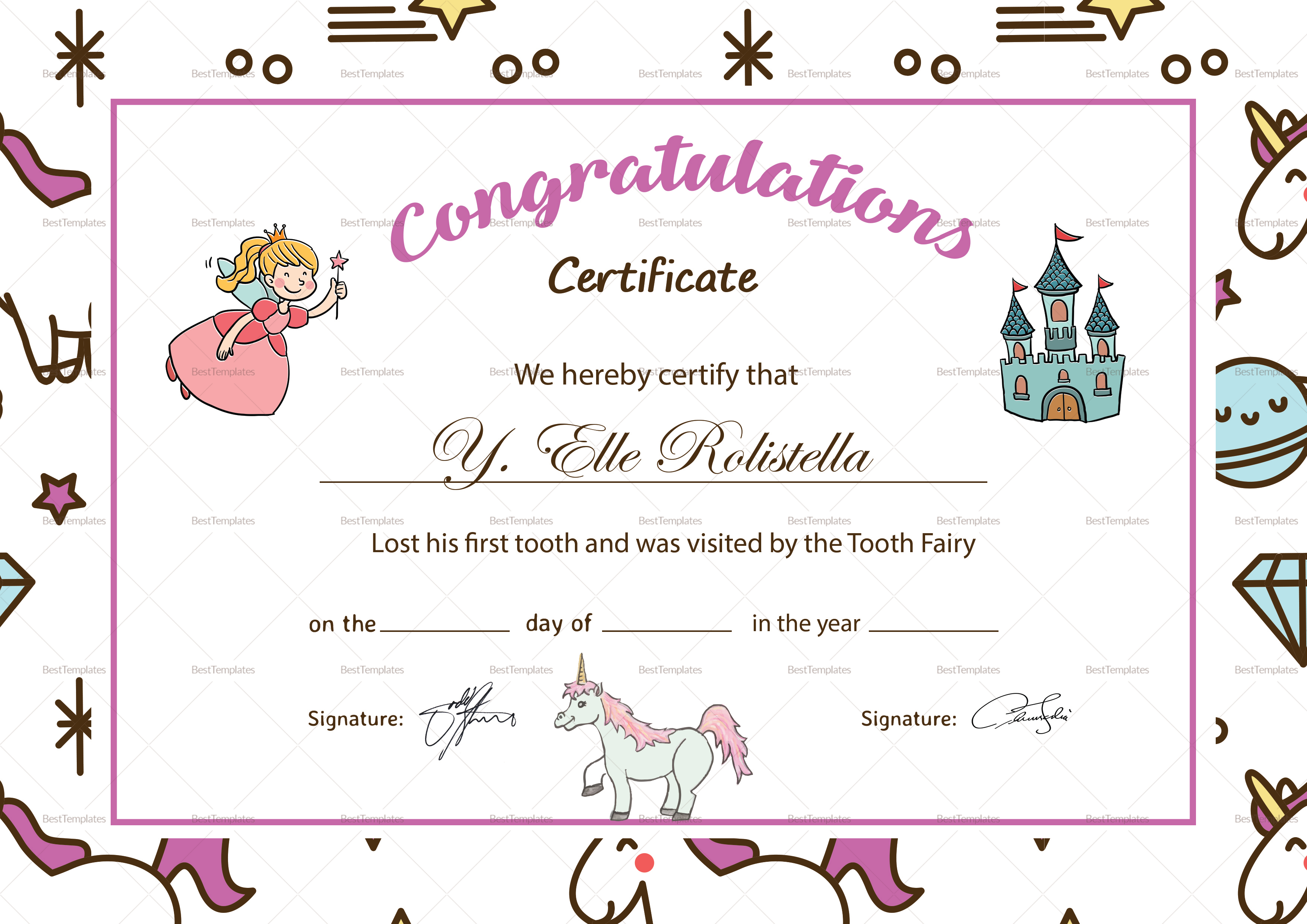 Tooth Fairy Congratulation Certificate Design Template in PSD, Word, image size:3508x2480