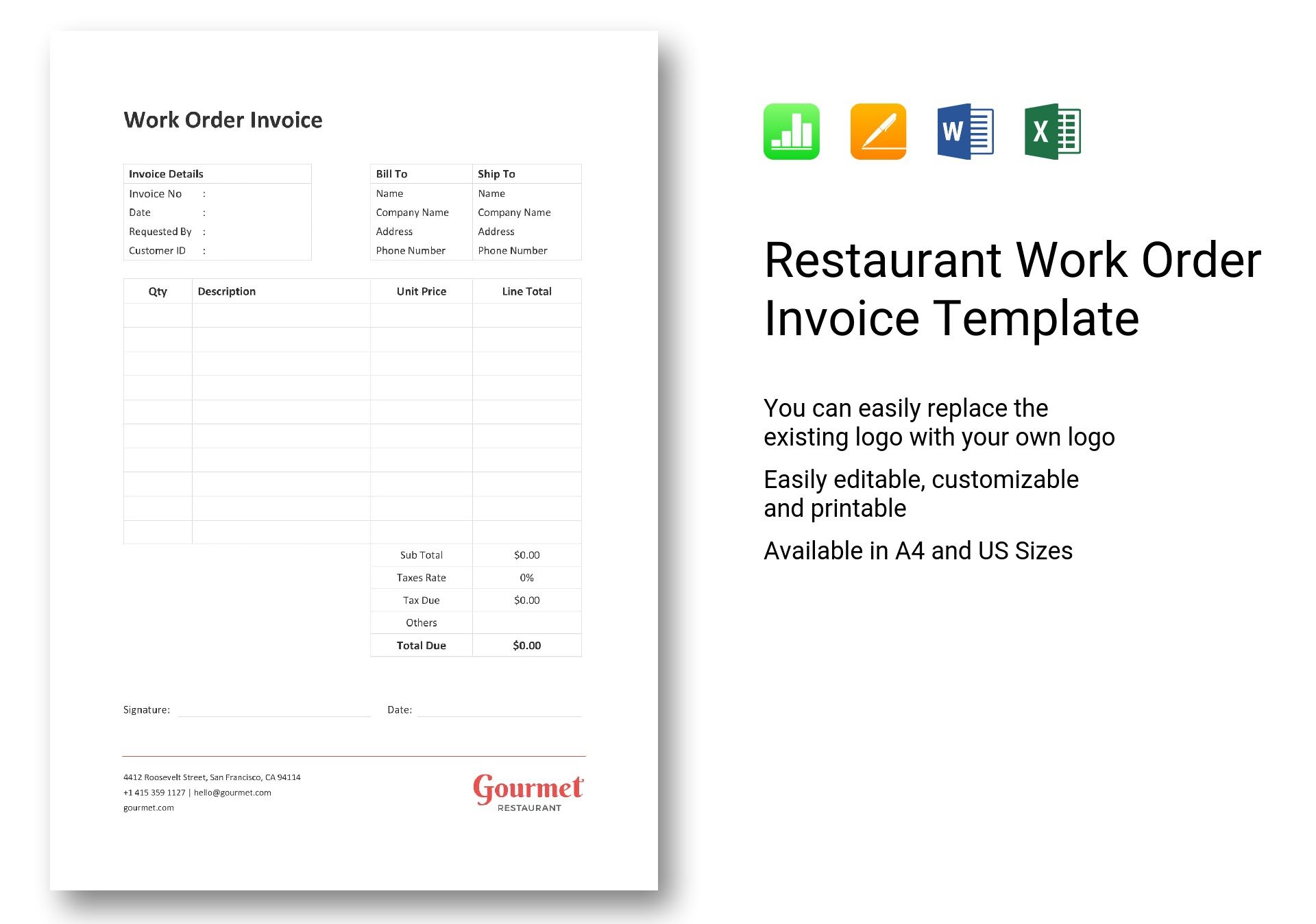 Restaurant Work Order Invoice