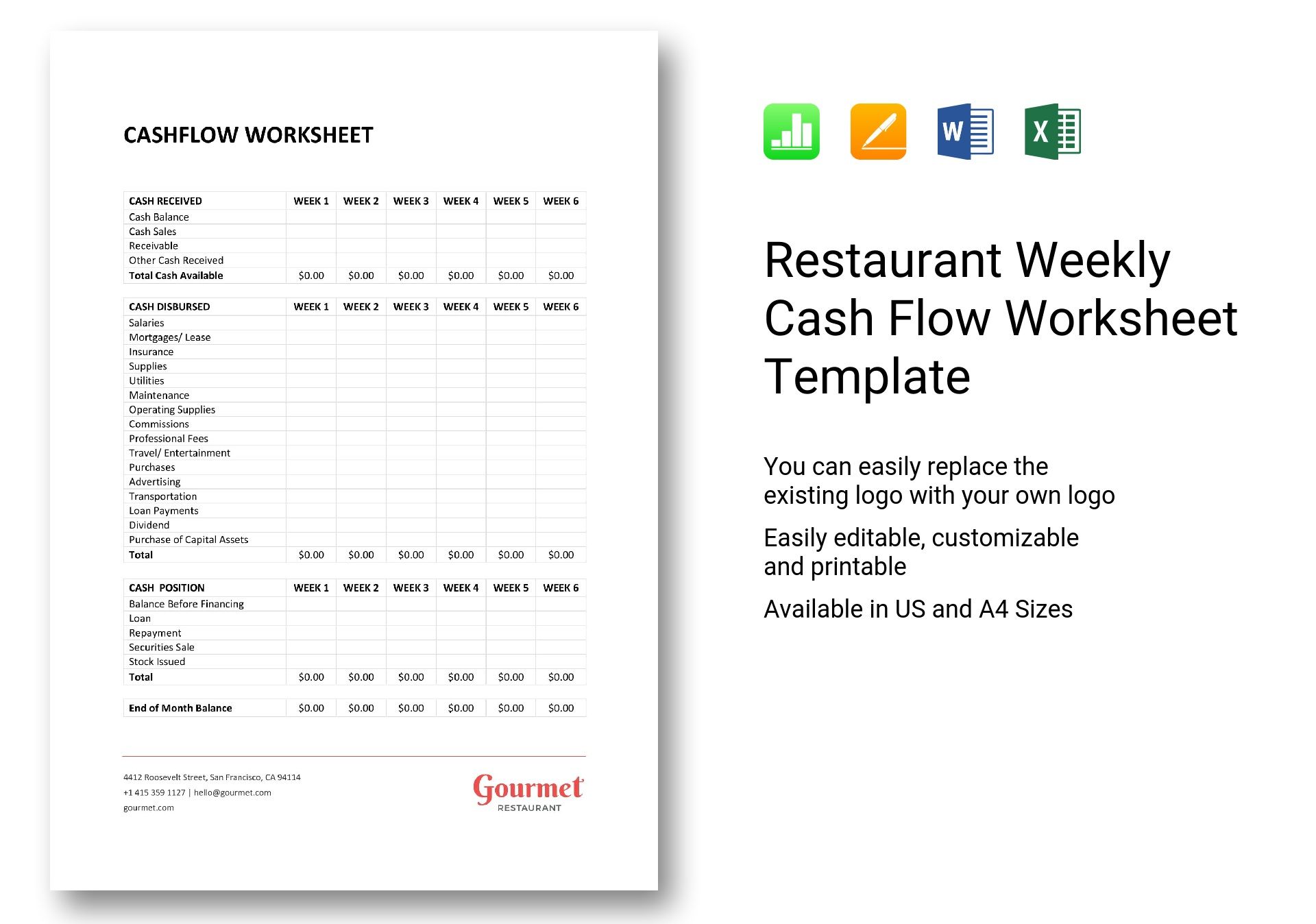 Restaurant Weekly Cash Flow Worksheet