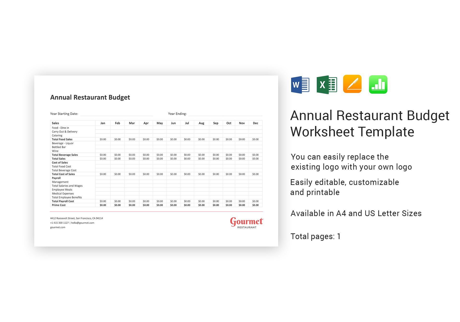 Annual Restaurant Budget Worksheet