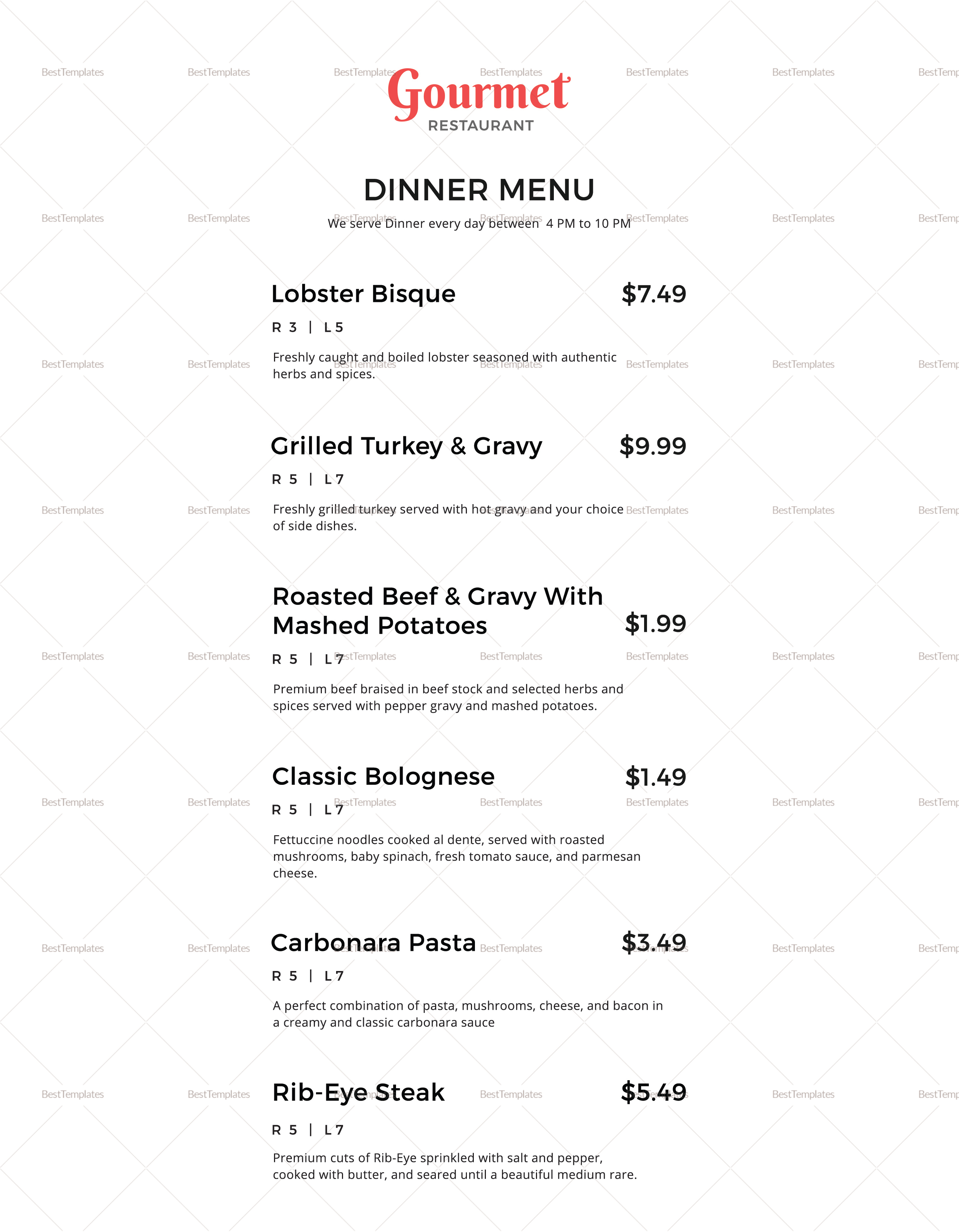 Restaurant Takeaway Menu Template Sample