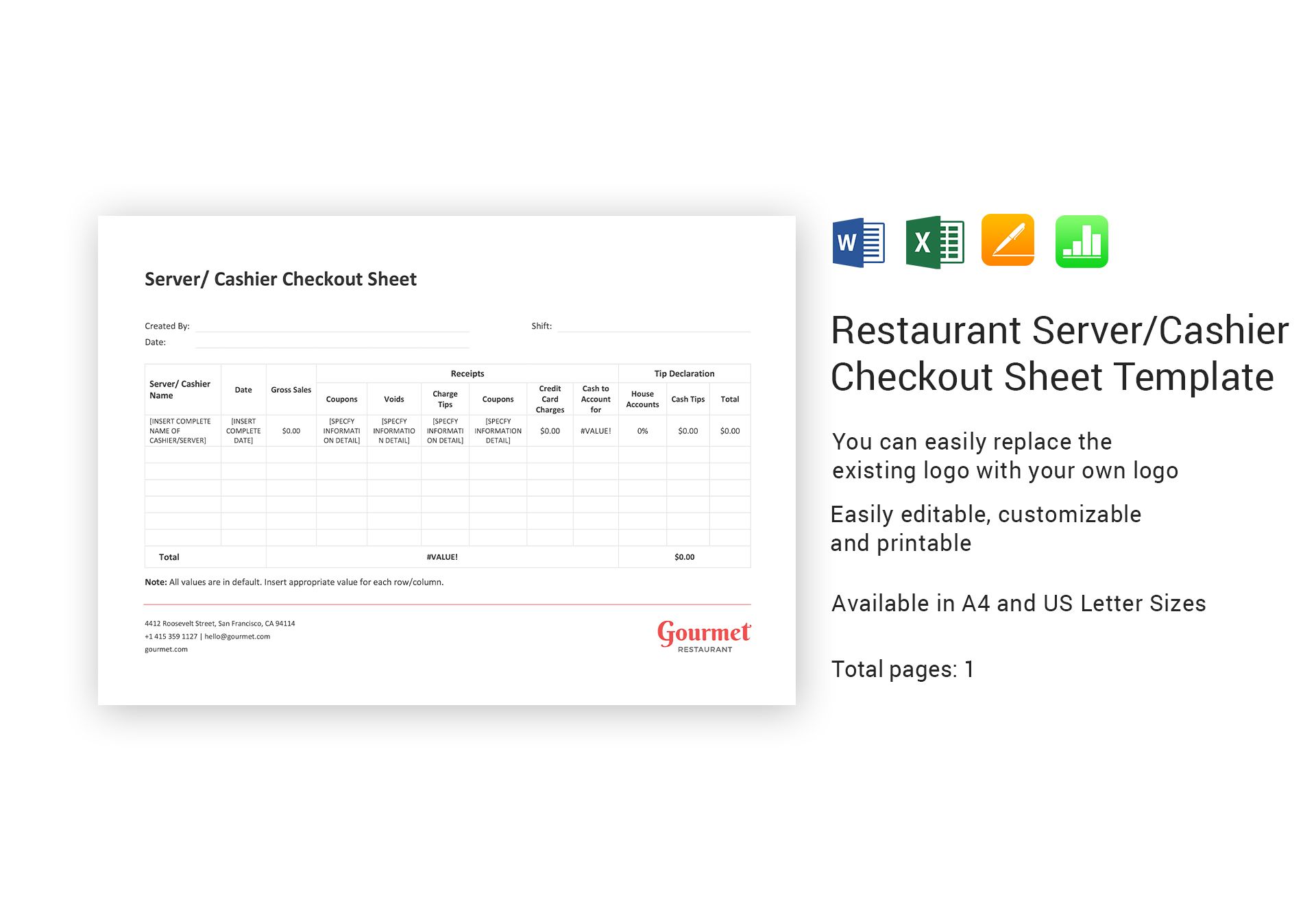 Restaurant Server Cashier Checkout Sheet