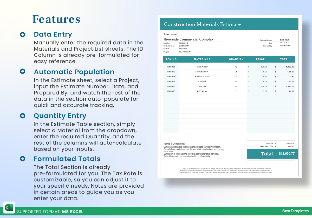 Construction Materials Estimate Excel Template Best Templates