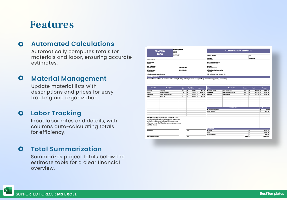 Excel Estimate Template For Construction Best Templates