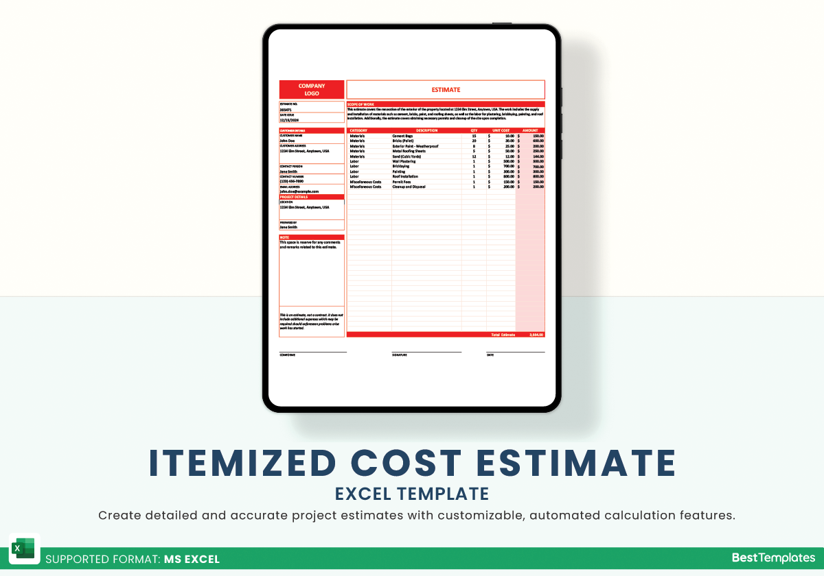 Itemized Cost Estimate Excel Template Best Templates