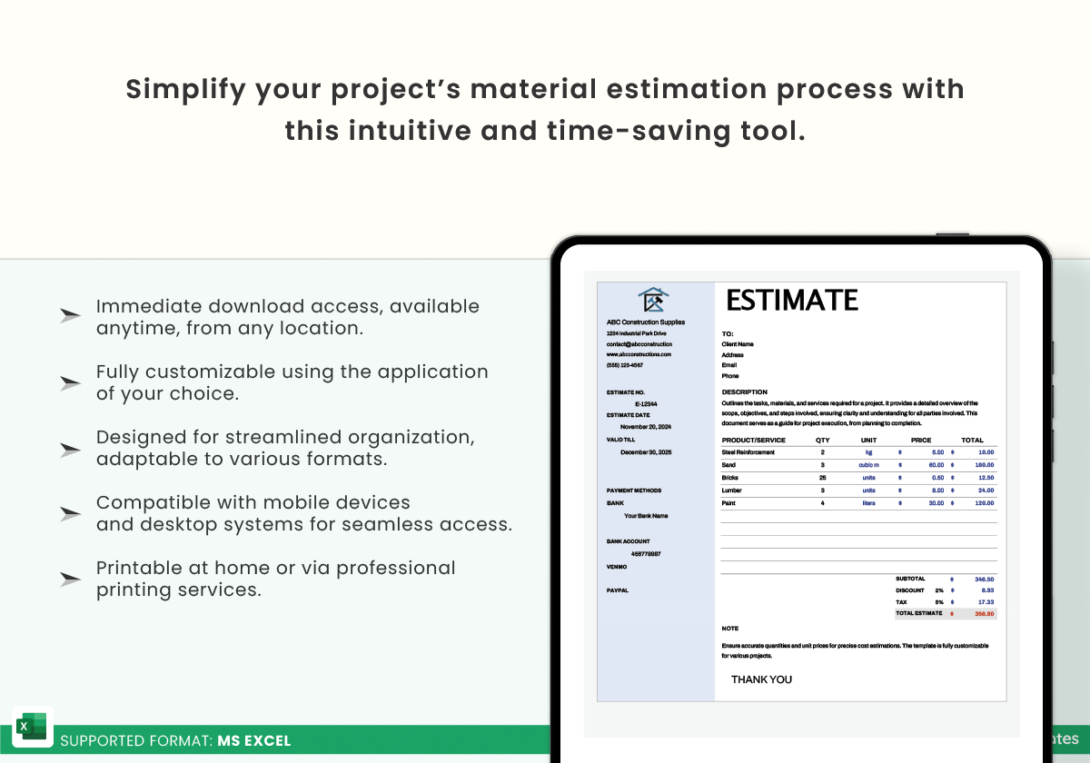 Material Estimate Excel Template Best Templates